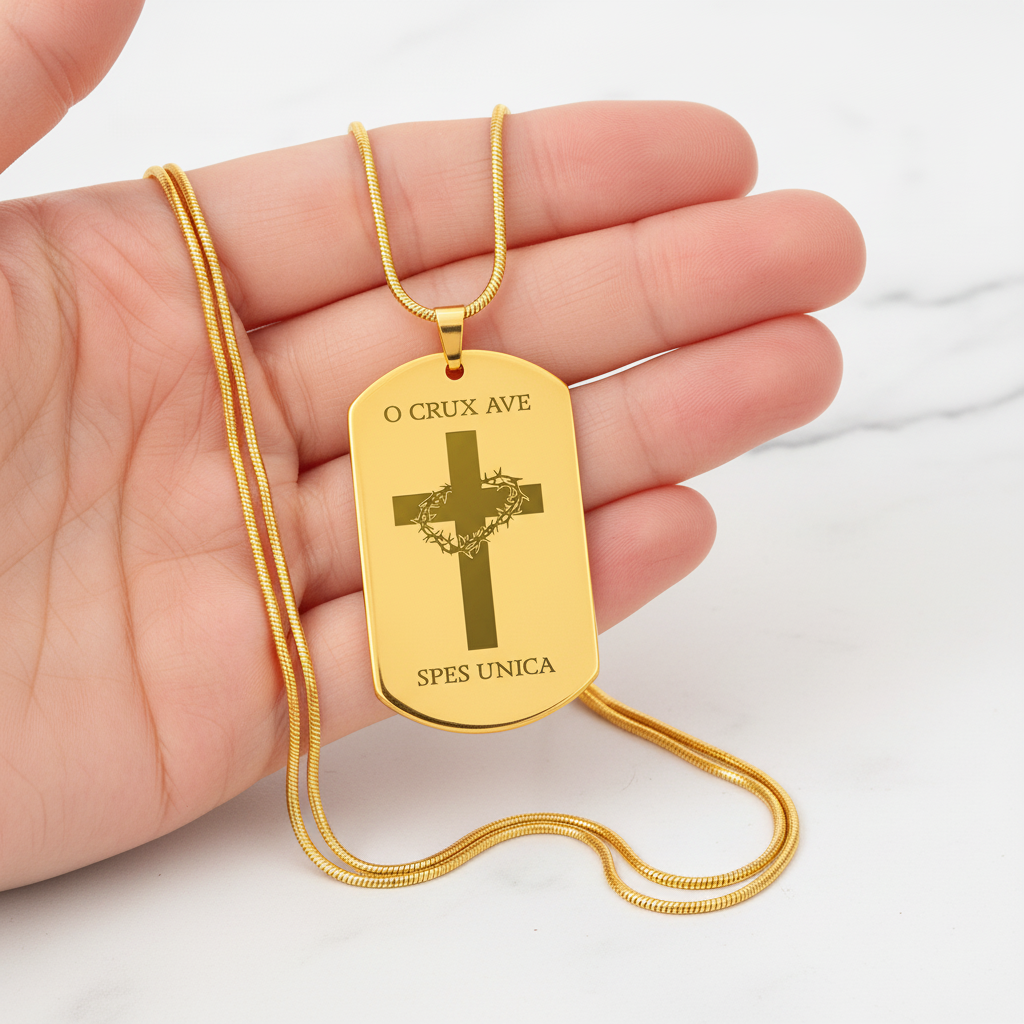 O Crux ave, spes unica Cross Tag Necklace with Personalized Custom Engraving