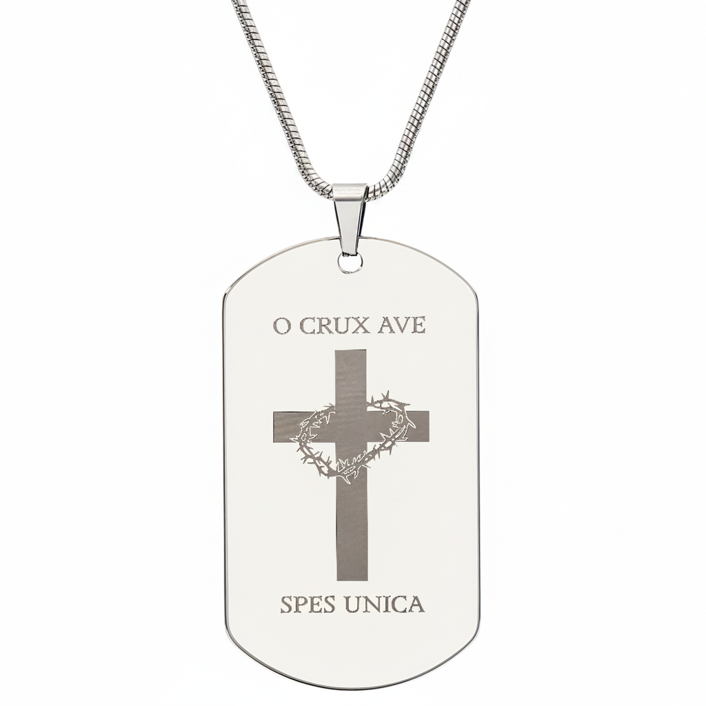 O Crux ave, spes unica Cross Tag Necklace with Personalized Custom Engraving