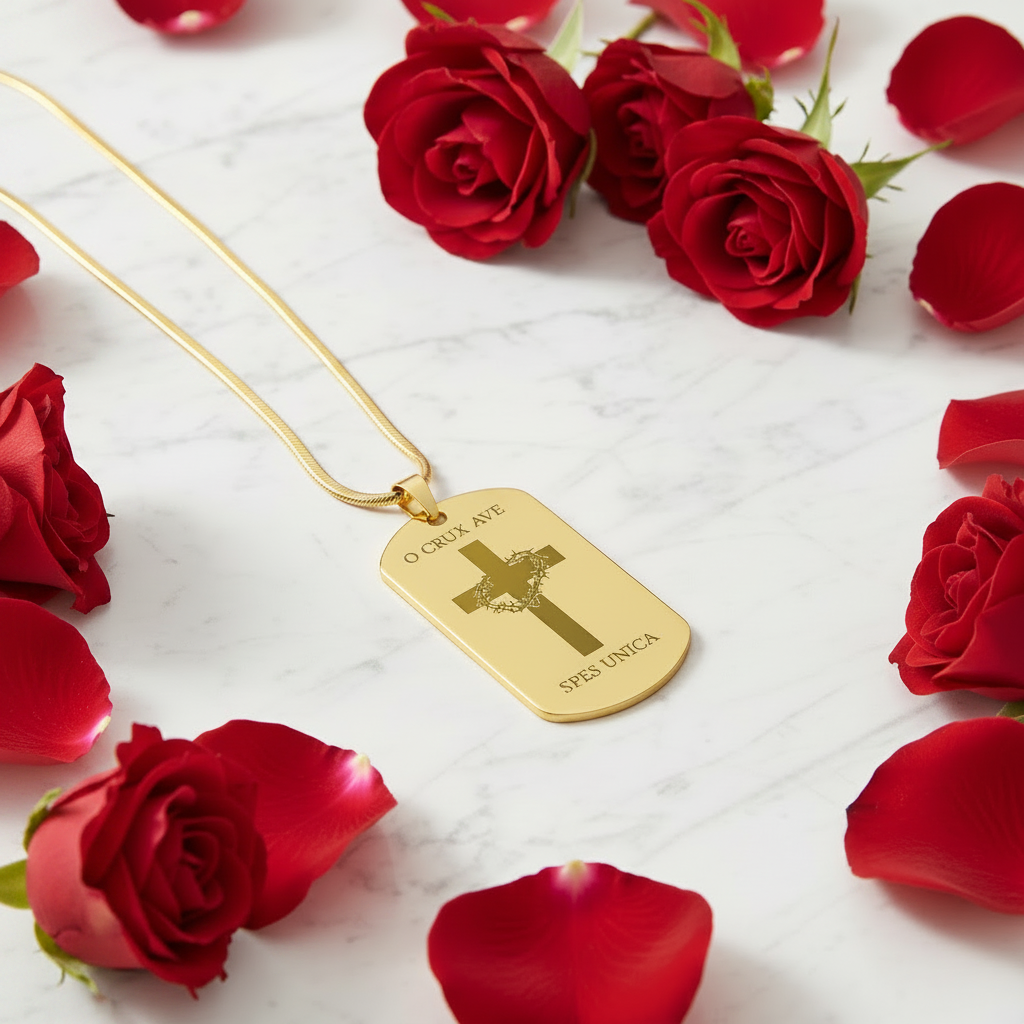 O Crux ave, spes unica Cross Tag Necklace with Personalized Custom Engraving