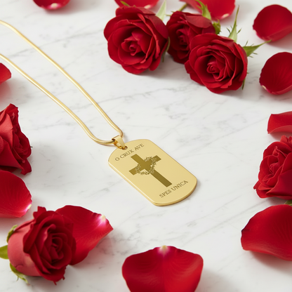 O Crux ave, spes unica Cross Tag Necklace with Personalized Custom Engraving
