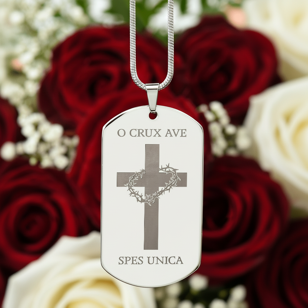 O Crux ave, spes unica Cross Tag Necklace with Personalized Custom Engraving