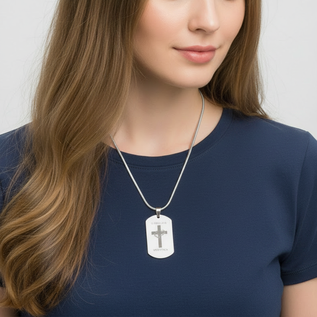 O Crux ave, spes unica Cross Tag Necklace with Personalized Custom Engraving