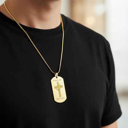 O Crux ave, spes unica Cross Tag Necklace with Personalized Custom Engraving