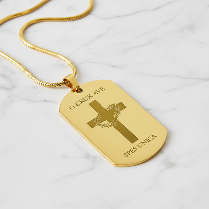 O Crux ave, spes unica Cross Tag Necklace with Personalized Custom Engraving