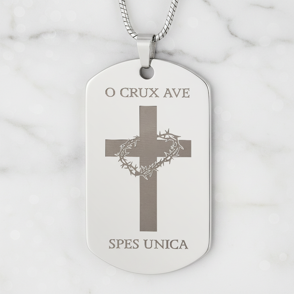 O Crux ave, spes unica Cross Tag Necklace with Personalized Custom Engraving