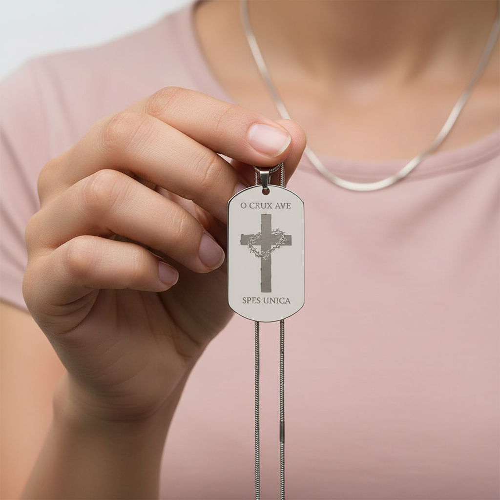 O Crux ave, spes unica Cross Tag Necklace with Personalized Custom Engraving