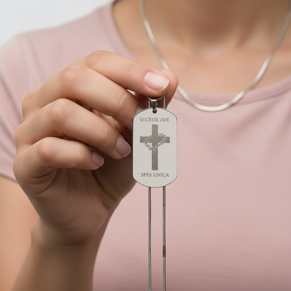 O Crux ave, spes unica Cross Tag Necklace with Personalized Custom Engraving