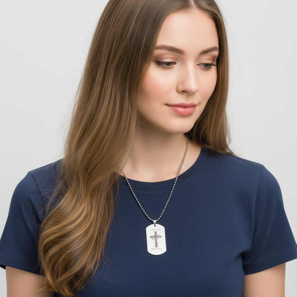 "O Crux ave, spes unica" Cross Tag Necklace with Personalized Engraving