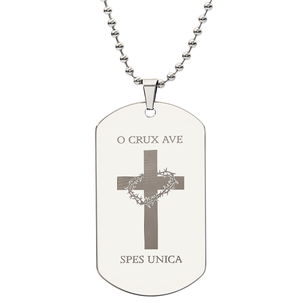"O Crux ave, spes unica" Cross Tag Necklace with Personalized Engraving
