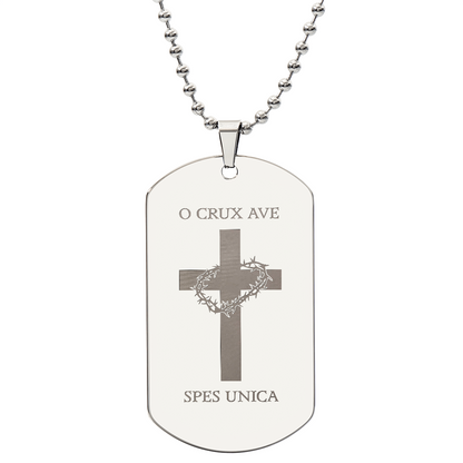 "O Crux ave, spes unica" Cross Tag Necklace with Personalized Engraving