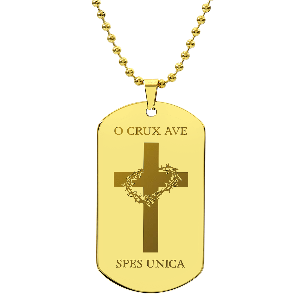 "O Crux ave, spes unica" Cross Tag Necklace with Personalized Engraving