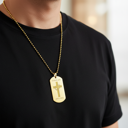 "O Crux ave, spes unica" Cross Tag Necklace with Personalized Engraving