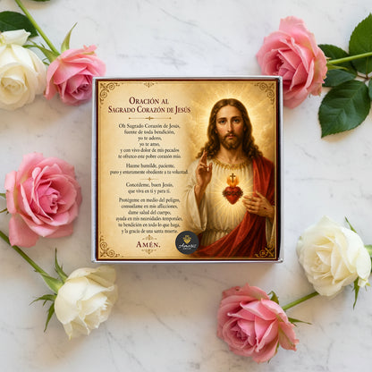 Sacred Heart of Jesus Necklace with Prayer Card in ENGLISH or SPANISH