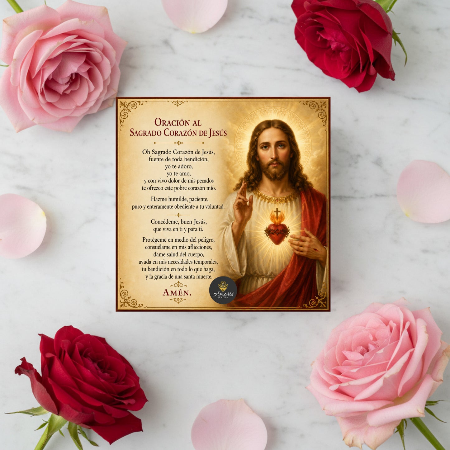 Sacred Heart of Jesus Necklace with Prayer Card in ENGLISH or SPANISH