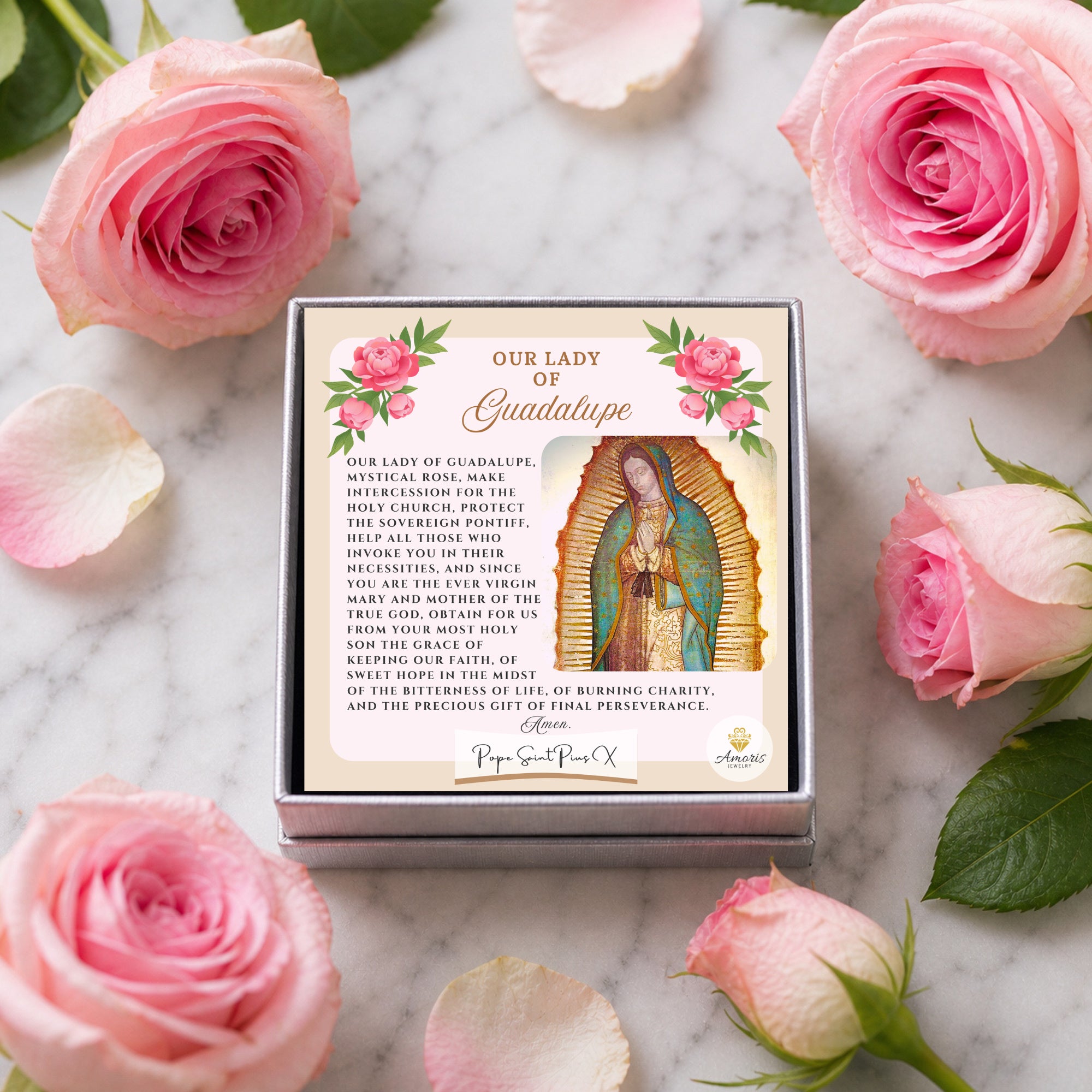 Our Lady of Guadalupe Birthstone Necklace with Prayer Card in ENGLISH or SPANISH