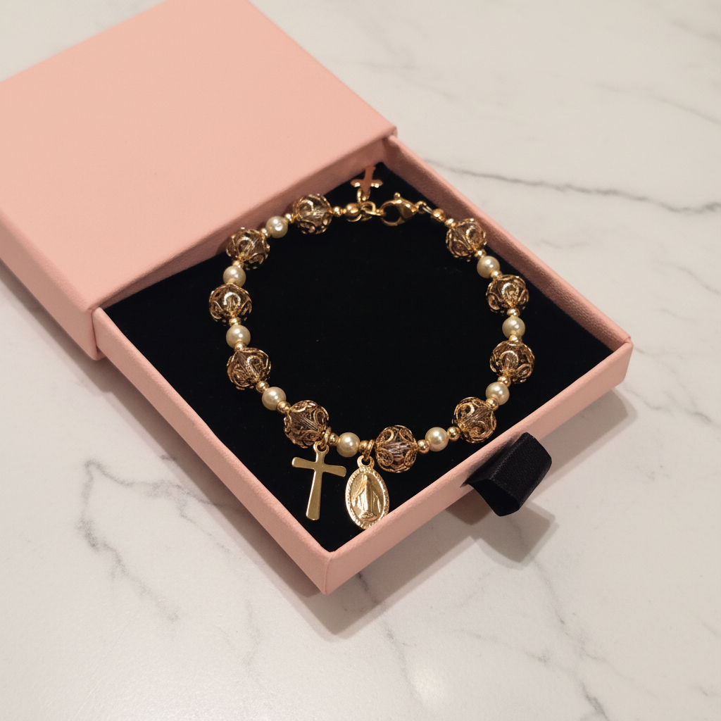 Pink and Gold Pearl Miraculous Medal Deluxe Rosary Bracelet
