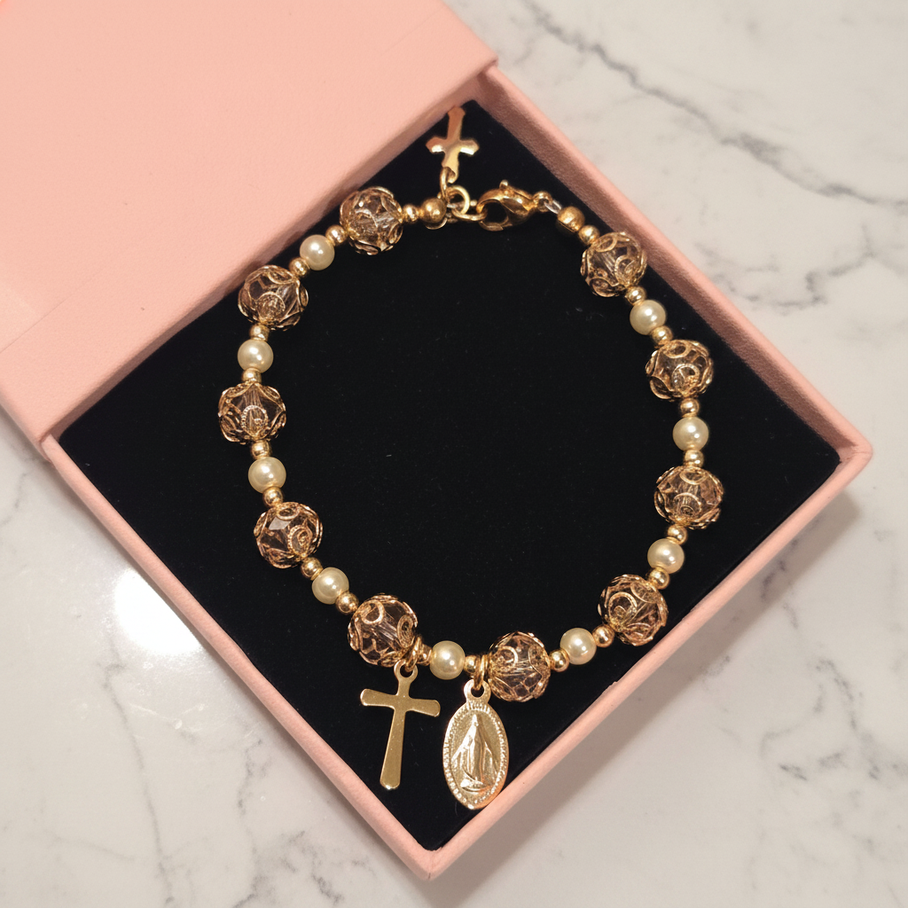 Pink and Gold Pearl Miraculous Medal Deluxe Rosary Bracelet