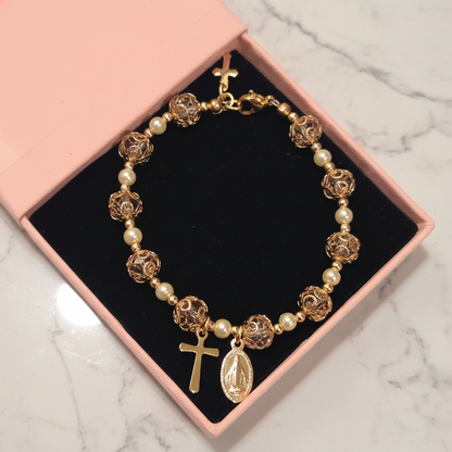 Pink and Gold Pearl Miraculous Medal Deluxe Rosary Bracelet