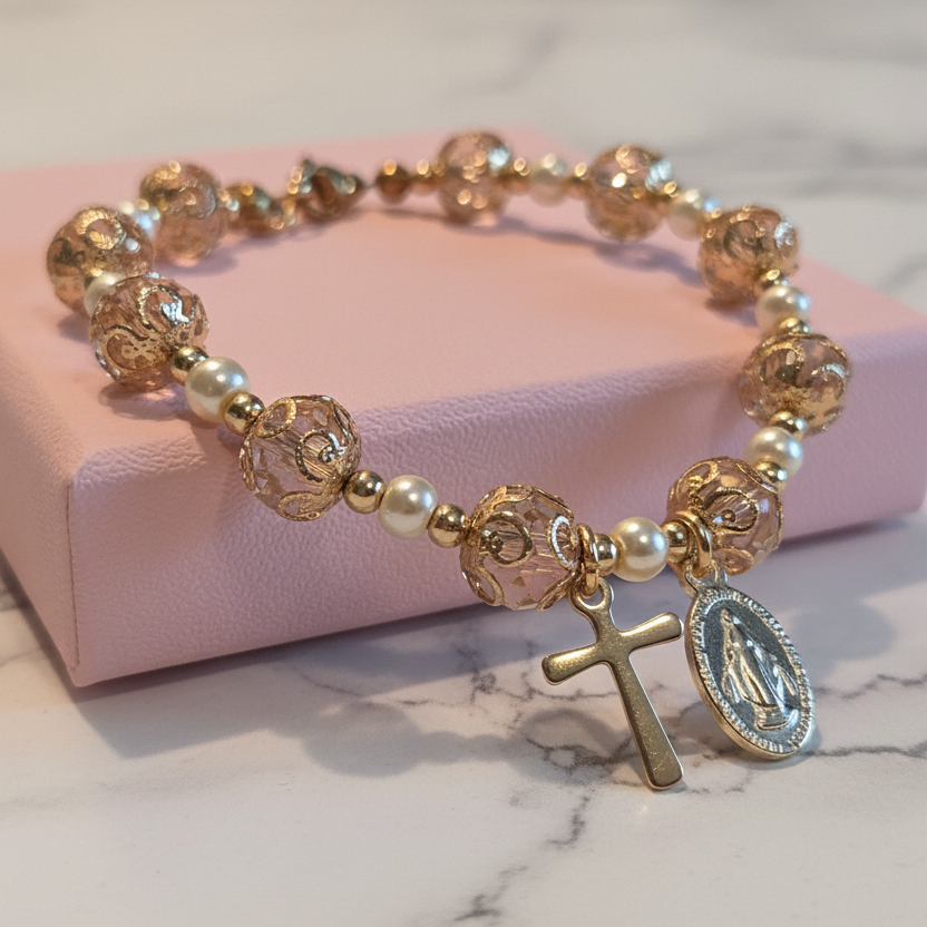 Pink and Gold Plated Pearl Miraculous Medal Deluxe Rosary Bracelet
