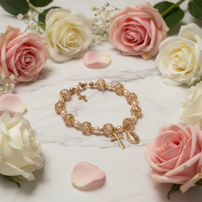 Pink and Gold Pearl Miraculous Medal Deluxe Rosary Bracelet