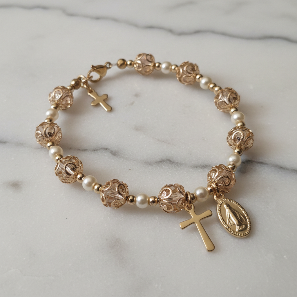 Pink and Gold Pearl Miraculous Medal Deluxe Rosary Bracelet