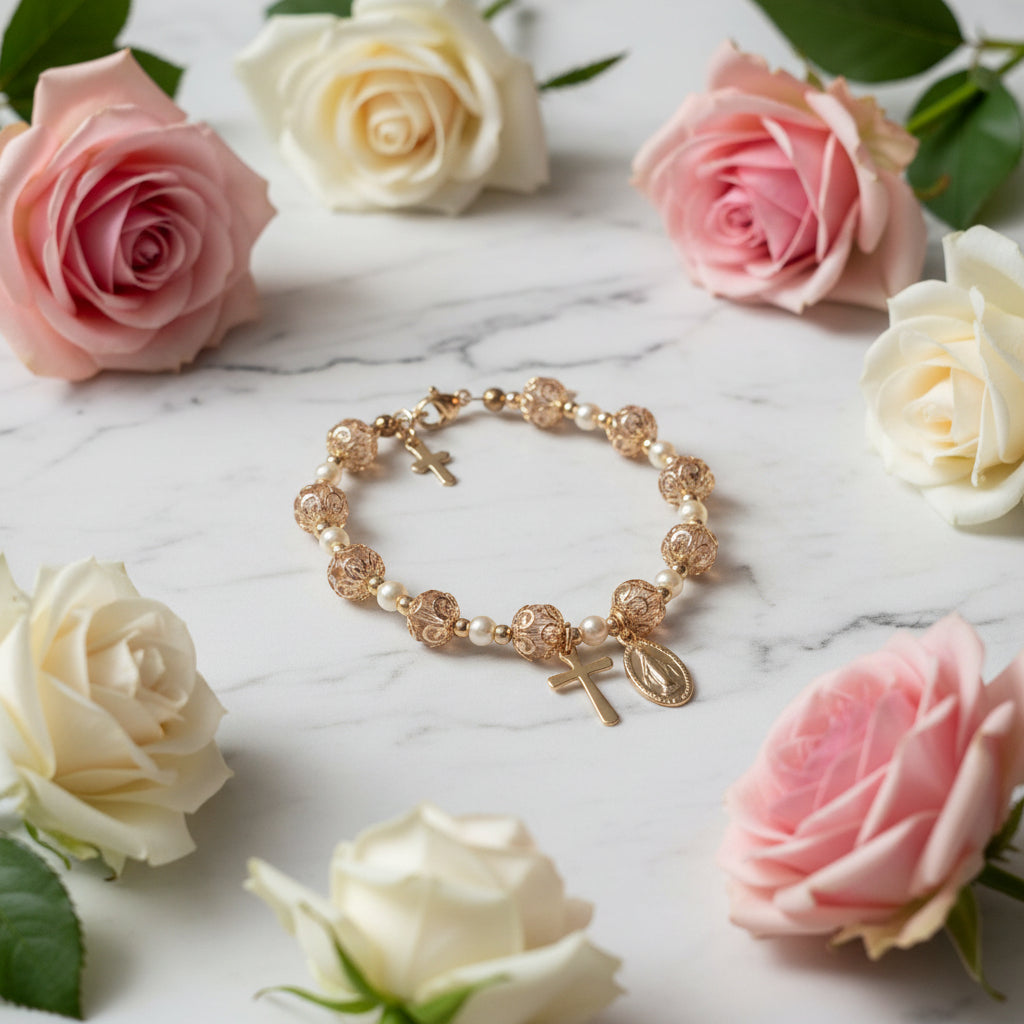 Pink and Gold Pearl Miraculous Medal Deluxe Rosary Bracelet