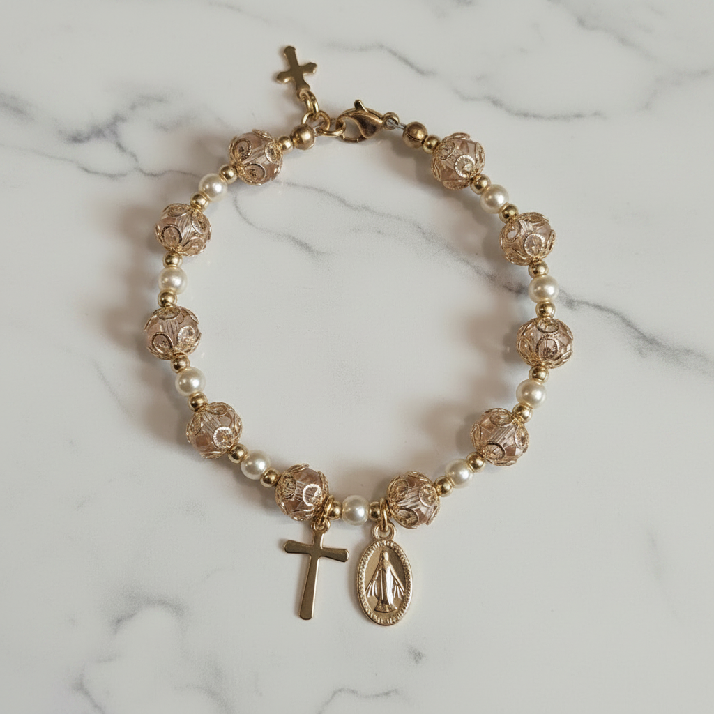 Pink and Gold Pearl Miraculous Medal Deluxe Rosary Bracelet