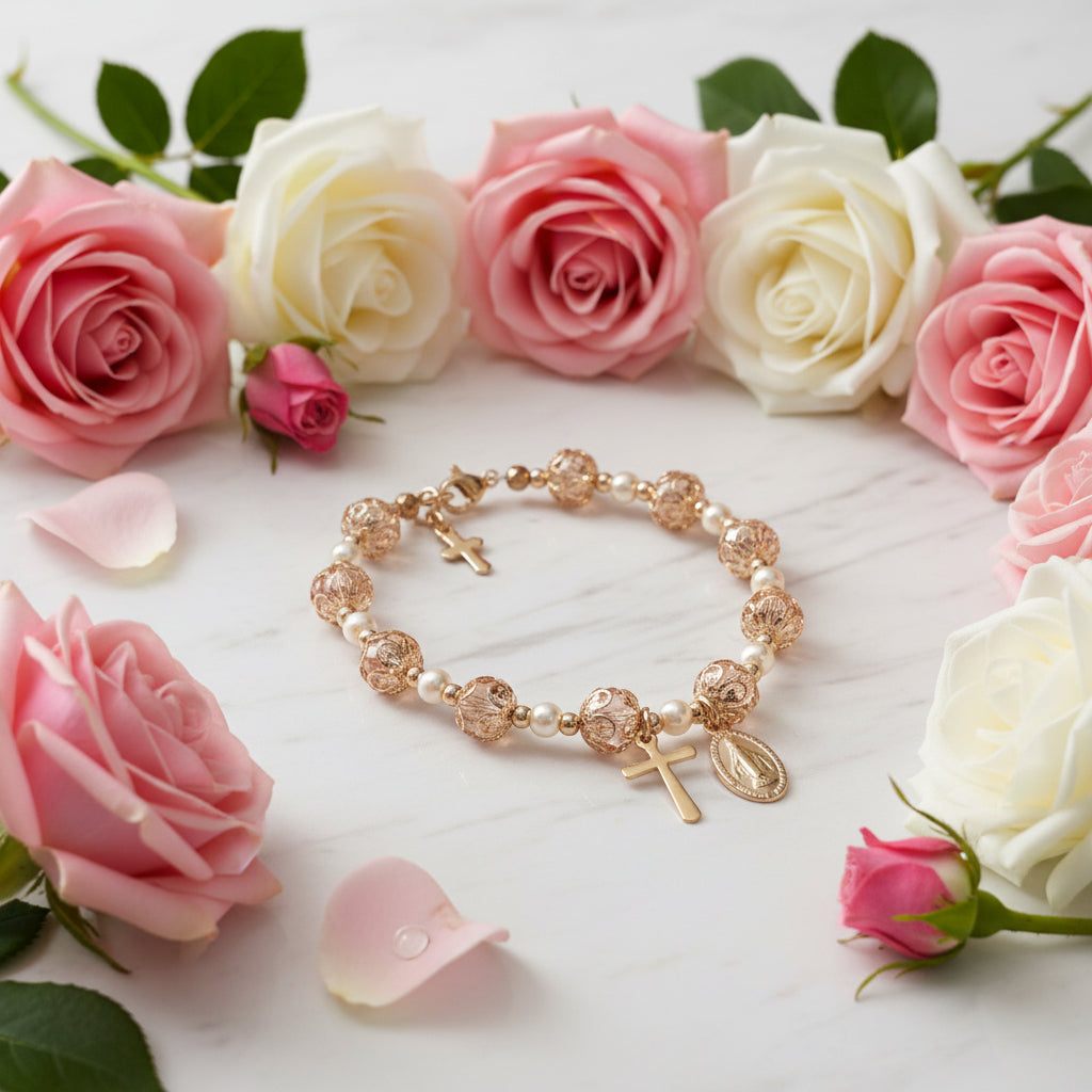 Pink and Gold Pearl Miraculous Medal Deluxe Rosary Bracelet