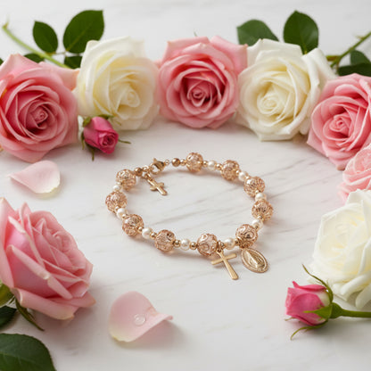 Pink and Gold Pearl Miraculous Medal Deluxe Rosary Bracelet