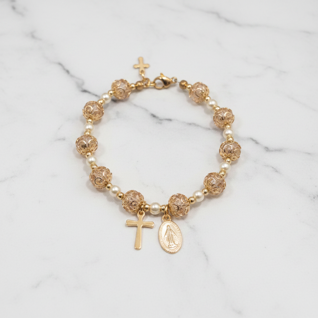 Pink and Gold Pearl Miraculous Medal Deluxe Rosary Bracelet