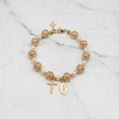 Pink and Gold Pearl Miraculous Medal Deluxe Rosary Bracelet