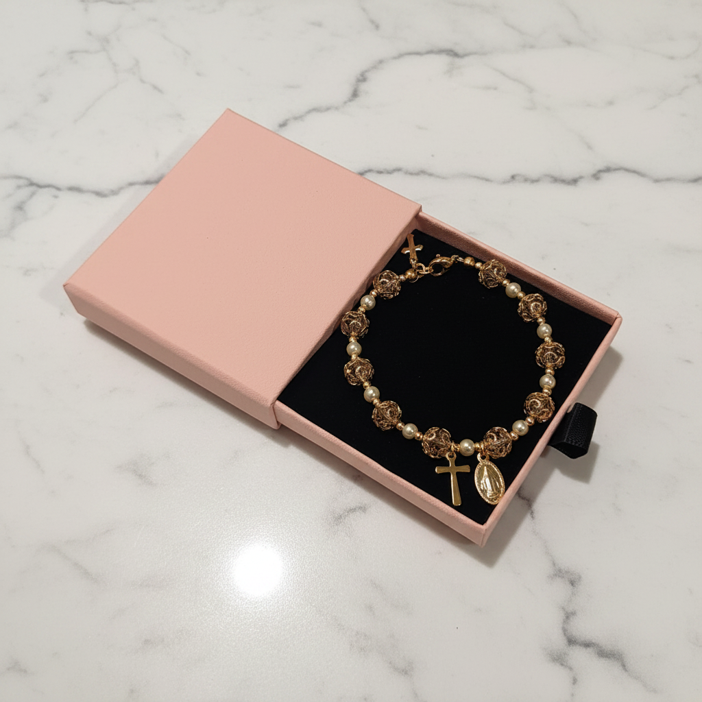 Pink and Gold Pearl Miraculous Medal Deluxe Rosary Bracelet
