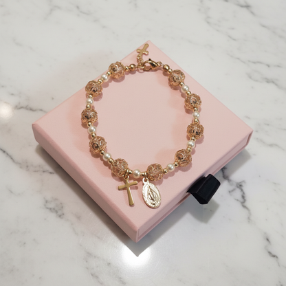 Pink and Gold Pearl Miraculous Medal Deluxe Rosary Bracelet