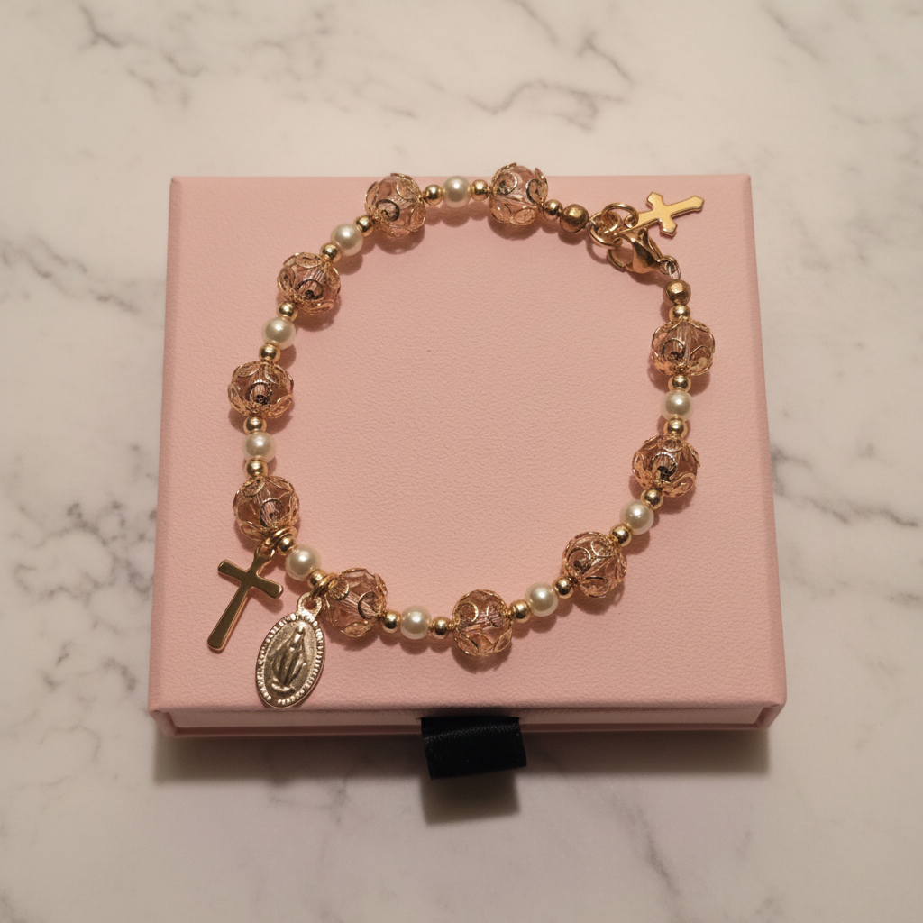 Pink and Gold Pearl Miraculous Medal Deluxe Rosary Bracelet