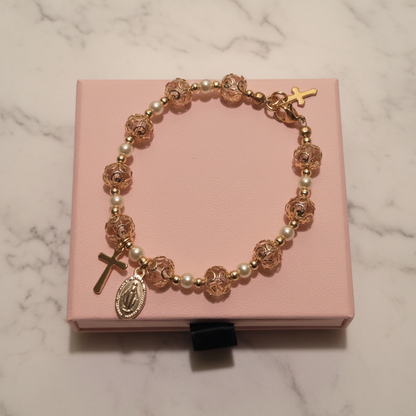Pink and Gold Pearl Miraculous Medal Deluxe Rosary Bracelet