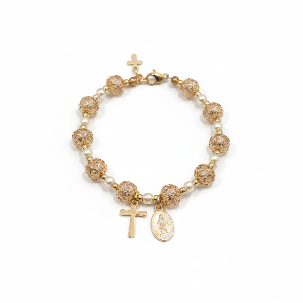 Pink and Gold Pearl Miraculous Medal Deluxe Rosary Bracelet