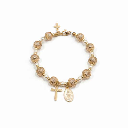Pink and Gold Pearl Miraculous Medal Deluxe Rosary Bracelet