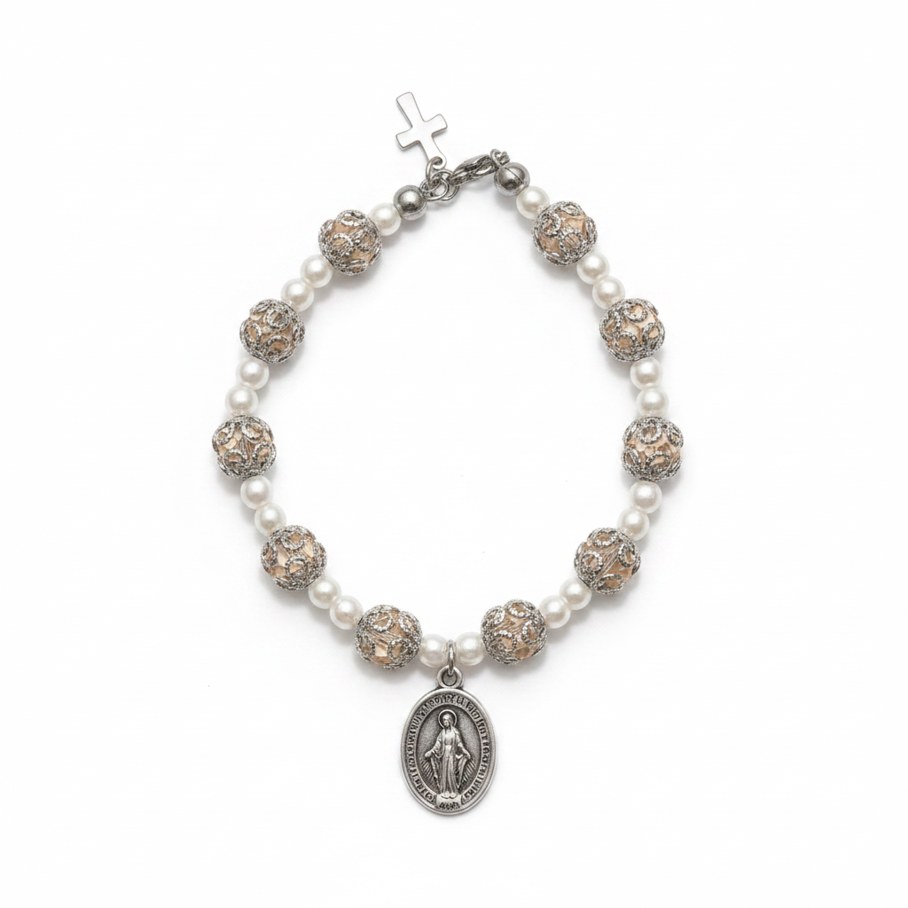 Pink and Stainless Steel Pearl Miraculous Medal Deluxe Rosary Bracelet