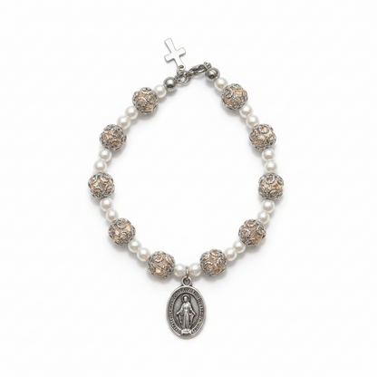 Pink and Stainless Steel Pearl Miraculous Medal Deluxe Rosary Bracelet