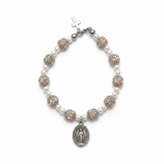 Pink and Stainless Steel Pearl Miraculous Medal Deluxe Rosary Bracelet