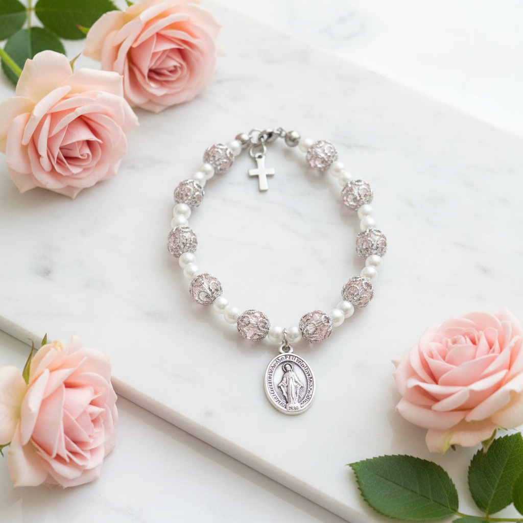 Pink and Stainless Steel Pearl Miraculous Medal Deluxe Rosary Bracelet