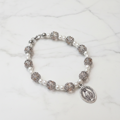 Pink and Stainless Steel Pearl Miraculous Medal Deluxe Rosary Bracelet