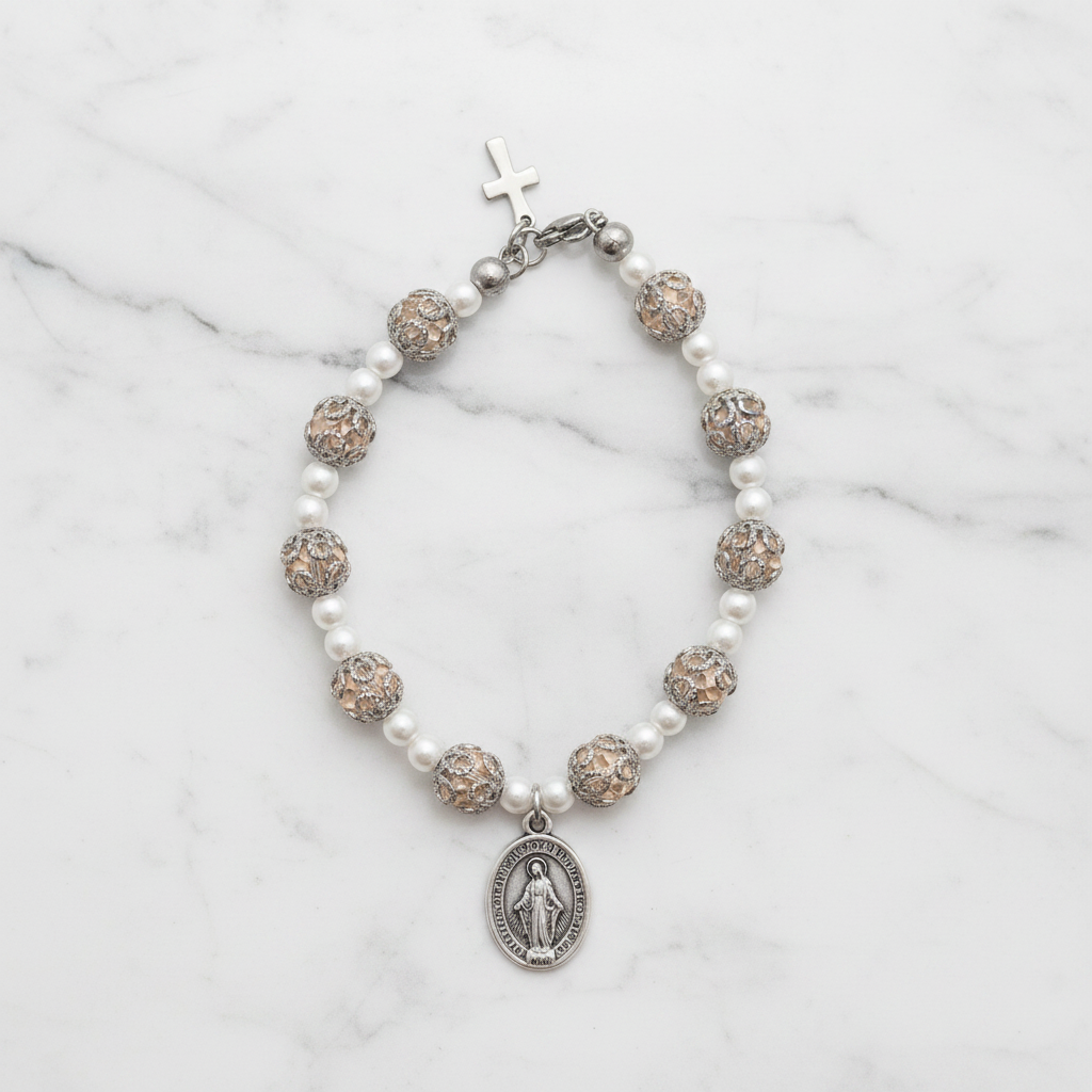 Pink and Stainless Steel Pearl Miraculous Medal Deluxe Rosary Bracelet