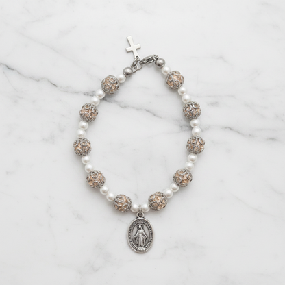 Pink and Stainless Steel Pearl Miraculous Medal Deluxe Rosary Bracelet