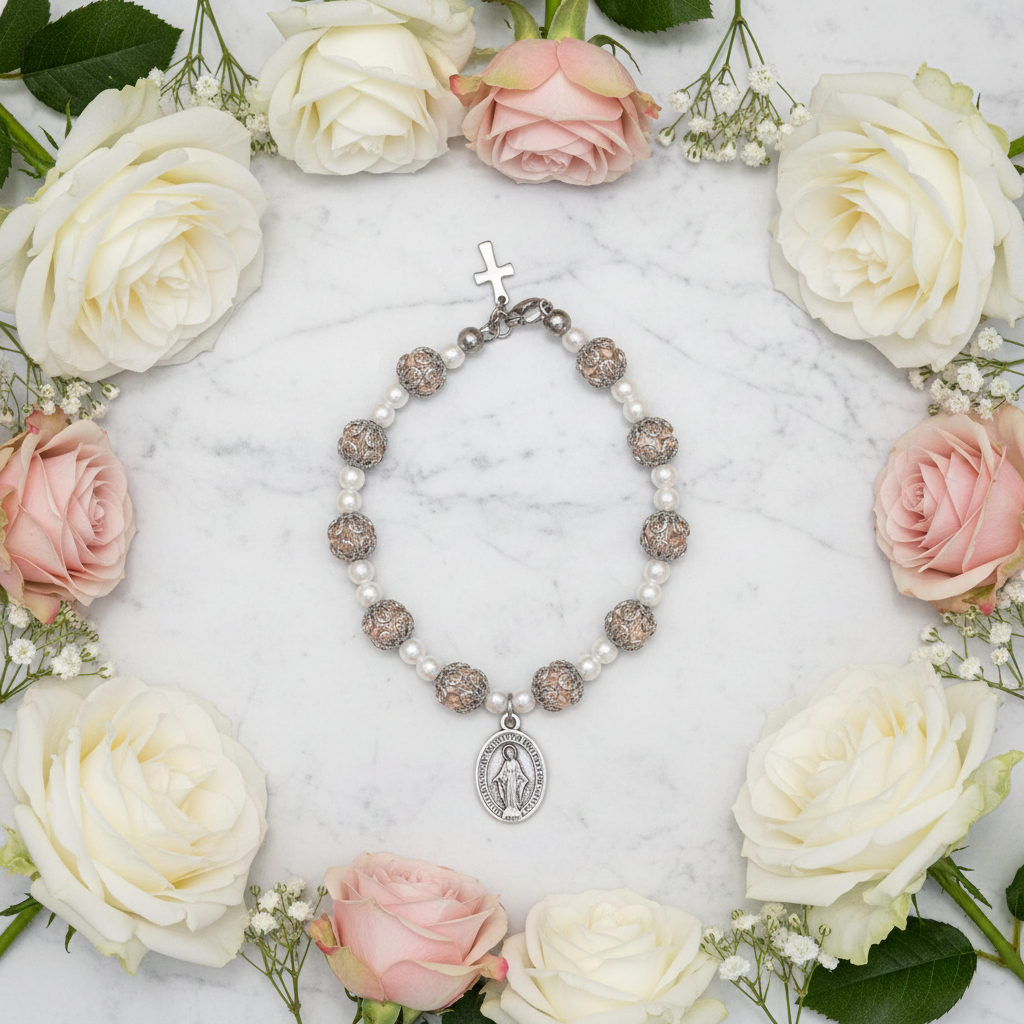 Pink and Stainless Steel Pearl Miraculous Medal Deluxe Rosary Bracelet