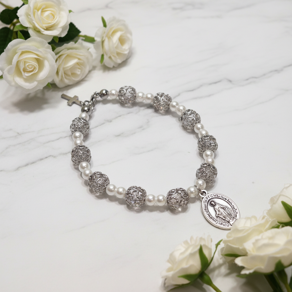 Pink and Stainless Steel Pearl Miraculous Medal Deluxe Rosary Bracelet