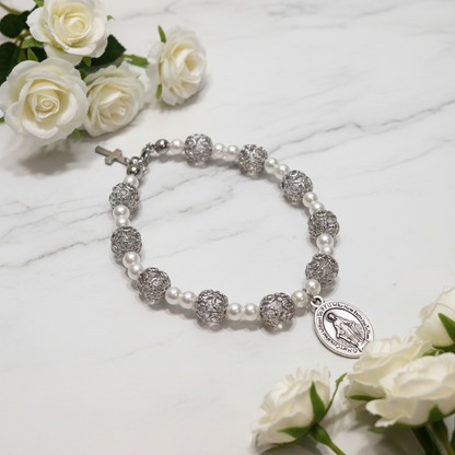 Pink and Stainless Steel Pearl Miraculous Medal Deluxe Rosary Bracelet