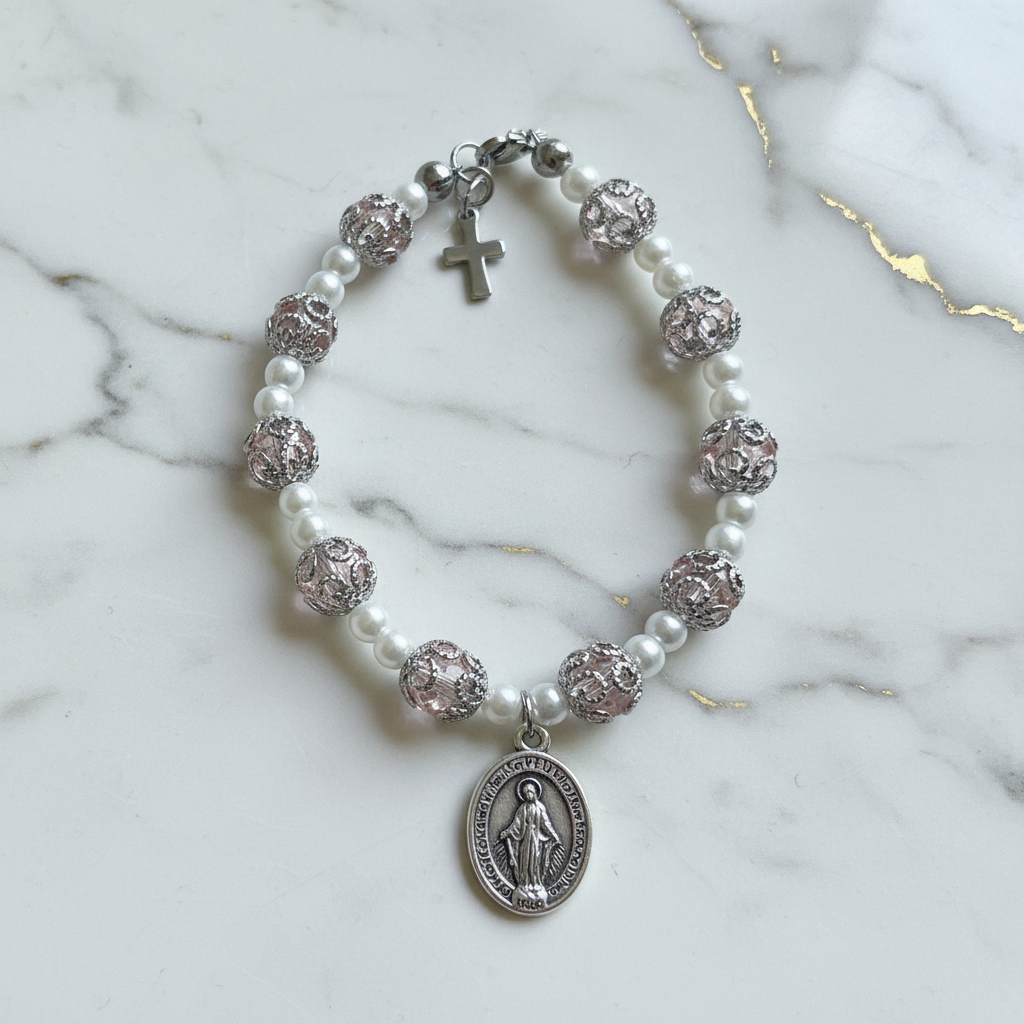 Pink and Stainless Steel Pearl Miraculous Medal Deluxe Rosary Bracelet