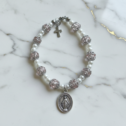Pink and Stainless Steel Pearl Miraculous Medal Deluxe Rosary Bracelet