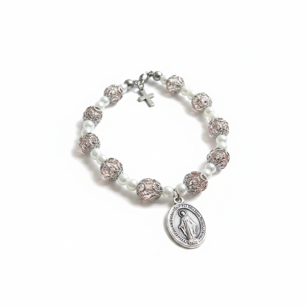 Pink and Stainless Steel Pearl Miraculous Medal Deluxe Rosary Bracelet